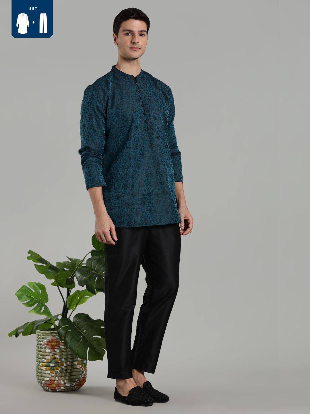 Teal Jacquard Short Kurta Pant set