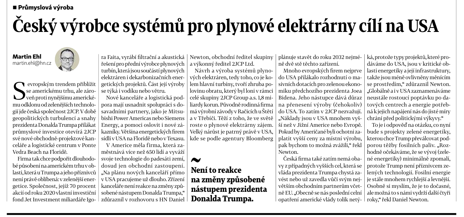 Český výrobce systémů pro plynové elektrárny cílí na USA