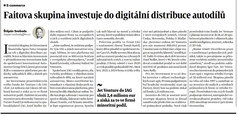 Faitova skupina investuje do digitální distribuce autodílů. Do start-upu IAG vloží 2,4 milionu eur
