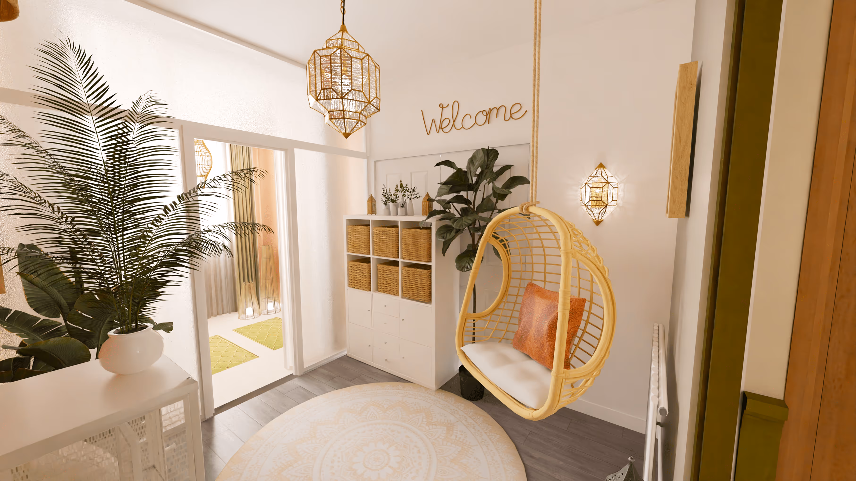 Espace d’accueil chaleureux avec fauteuil suspendu, déco végétale et inscription ‘Welcome’ au mur