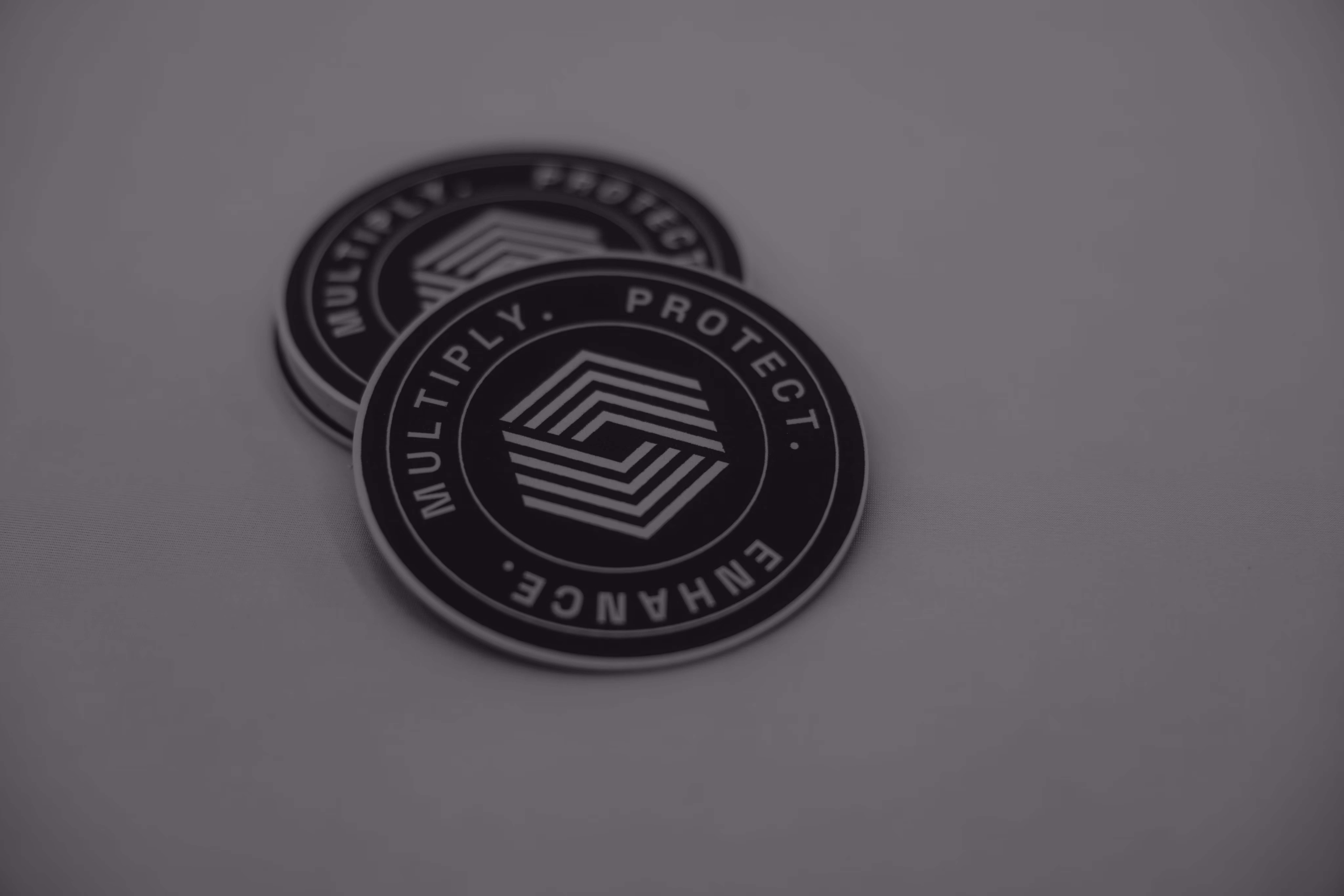 Two stacked black circular tokens with a geometric logo and the words 'MULTIPLY. PROTECT. ENHANCE.' around the edge.