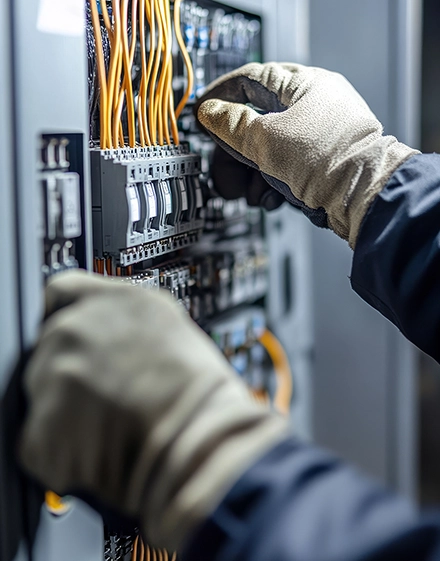 Elektriker, der an Zählerschrank arbeitet.