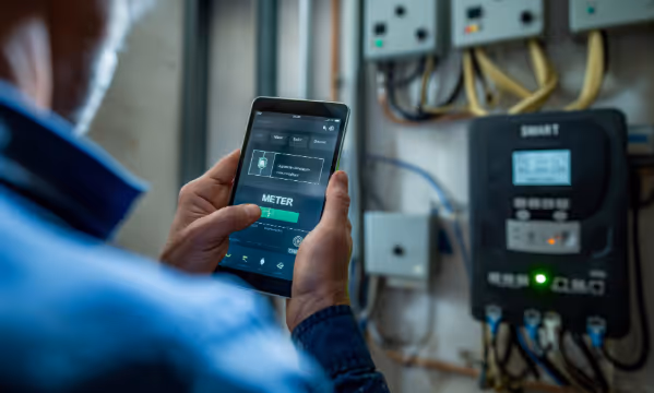 Elektriker, der Wartungsarbeiten mit dem Mobiltelefon dokumentiert.