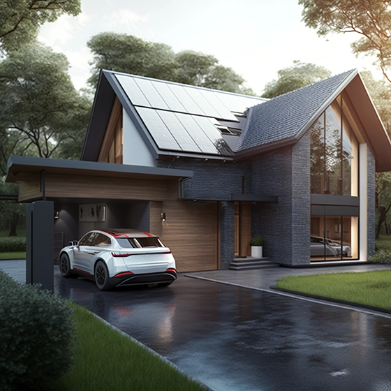 Haus mit PV-Anlage und Ladeeinrichtung.