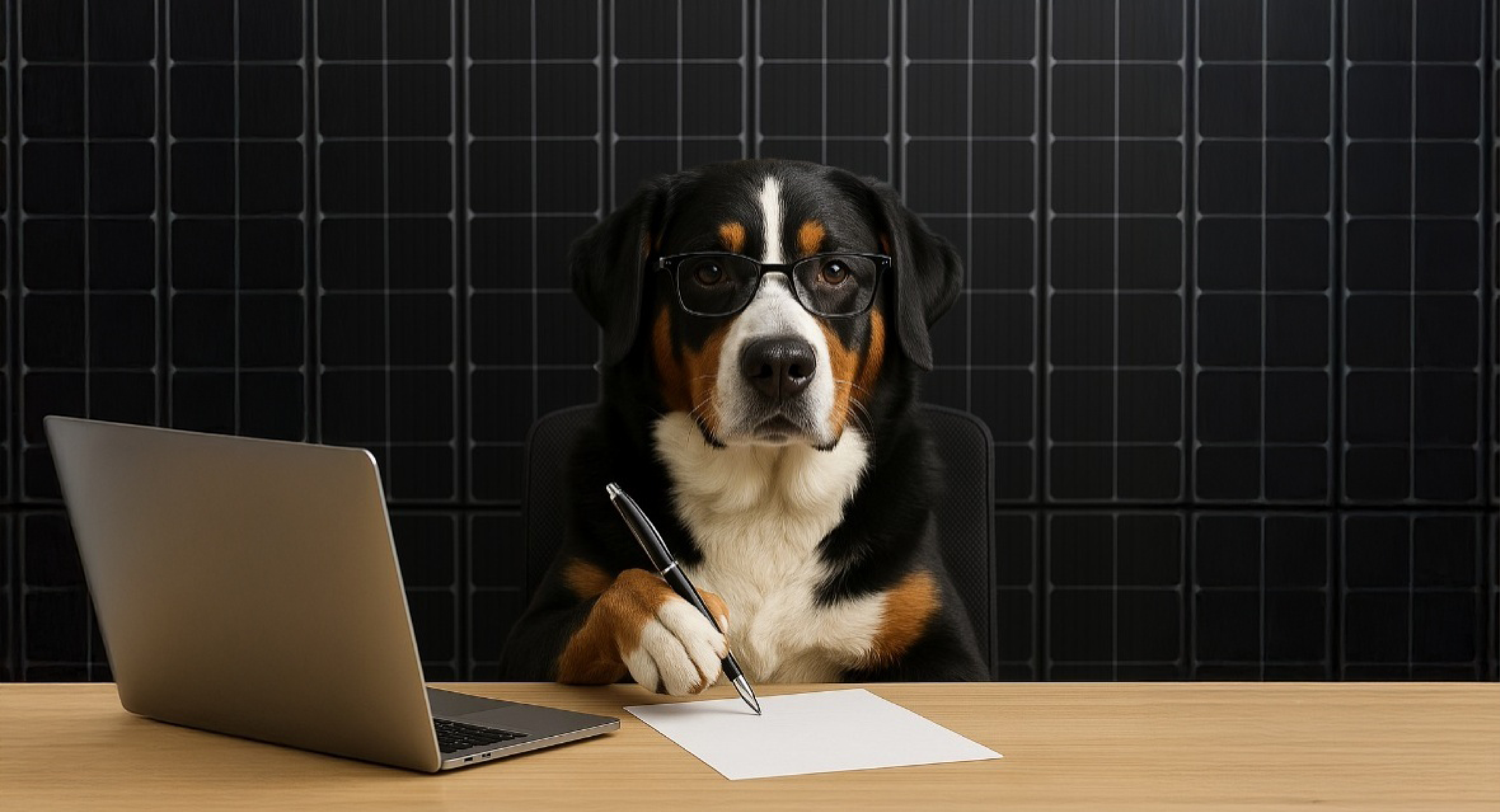 Swissy-Dog Hündin und Elektro-Assistentin M.J. mit Brille und Kugelschreiber am Schreibtisch sitzend. Im Hintergrund befindet sich eine Wand mit schwarzen Photovoltaik-Modulen. 