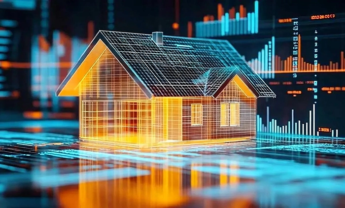 Graphisch modern dargestelltes leuchtend gelbes Haus.