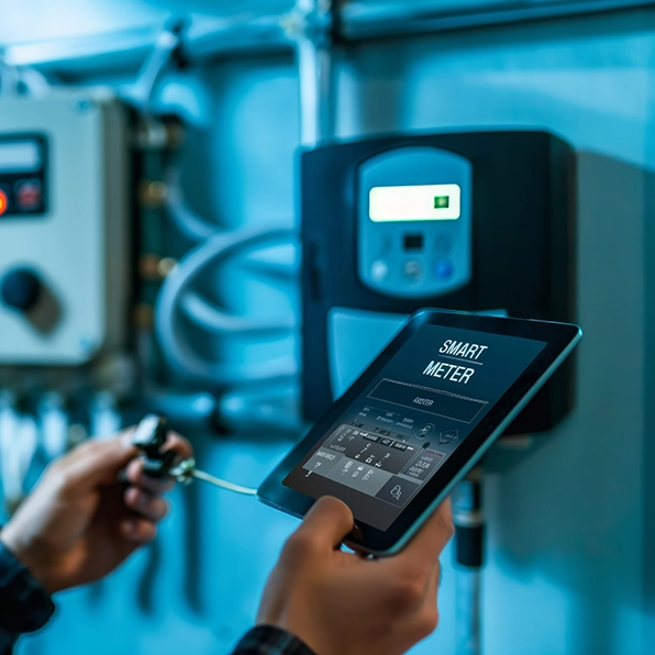 Intelligenter Zähler, intelligente Messung. Ein Techniker verwendet einen Stromzähler zum Schutz der elektrischen Anlage des Hauses und hält dabei sein Tablet hoch.