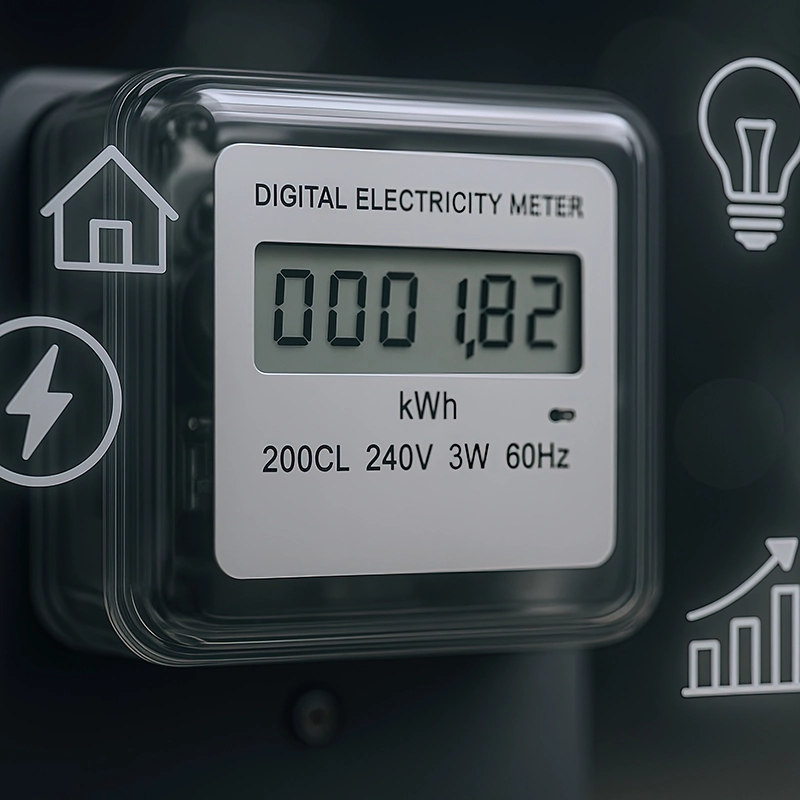 Moderner digitaler Stromzähler mit digitaler Anzeige des Energieverbrauchs und Symbolen.