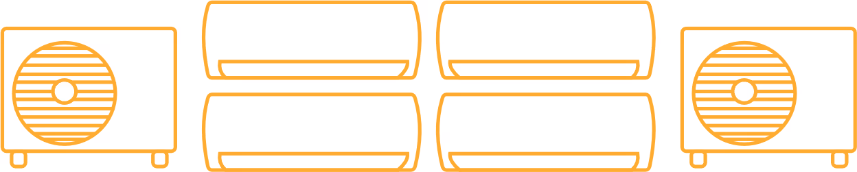 Schematische Darstellung eines multi-split-Klimaanlagensystems mit zwei Außeneinheiten und vier Inneneinheiten in Orange.