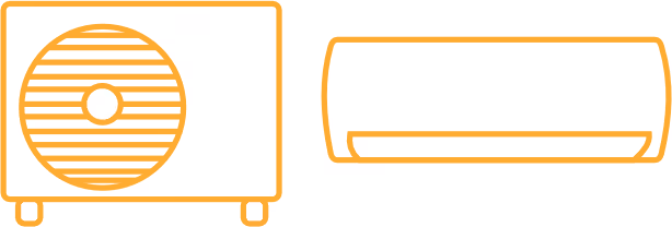 Gelbe Liniezeichnung einer Split-Klimaanlage mit Außengerät links und Innengerät rechts.