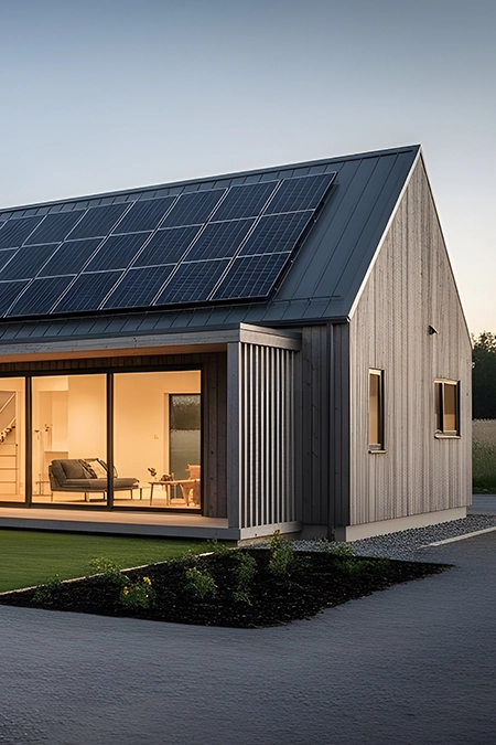 Haus am Strand mit PV-Anlage an einem sonnigen Tag.