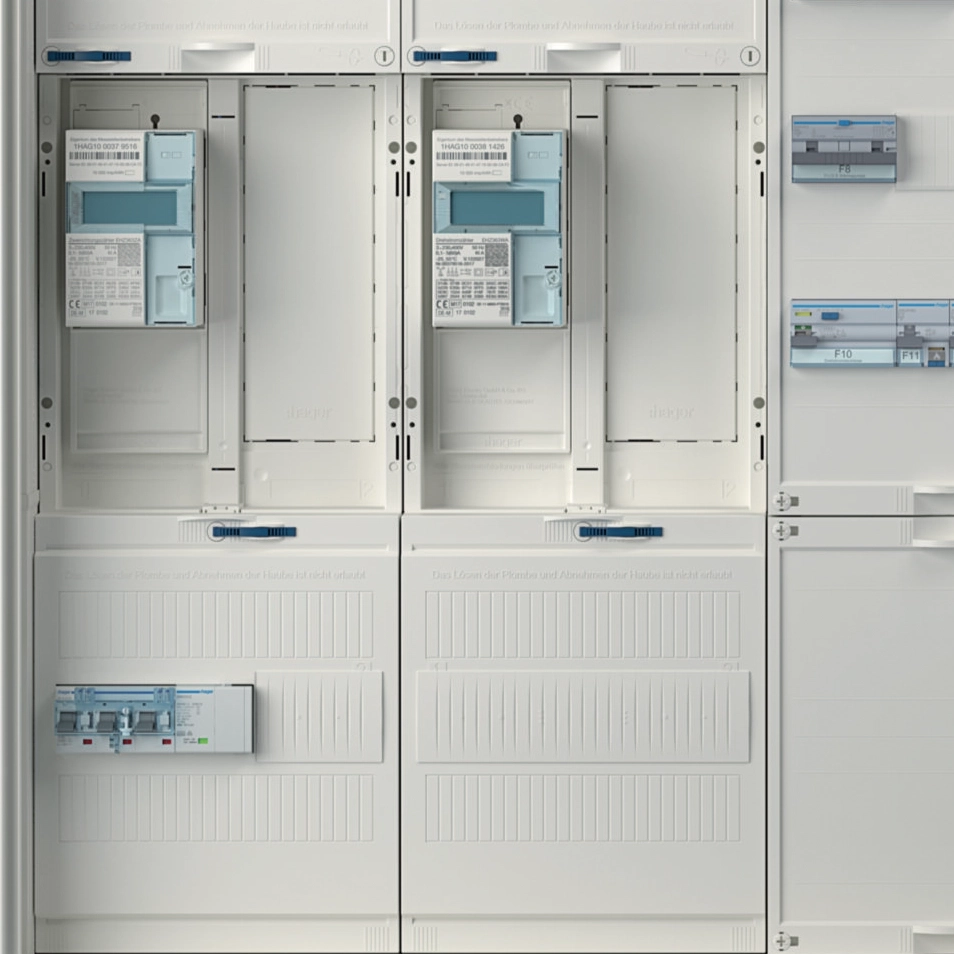 Modernes Haus mit Solarpaneelen auf dem Dach und einem leuchtenden Batteriesymbol mit Blitz an der Wand in der Abenddämmerung.