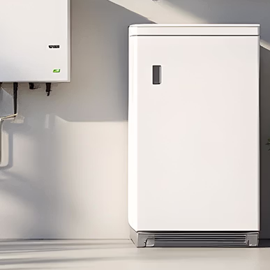 Modernes Haus mit Solarpaneelen auf dem Dach und einem leuchtenden Batteriesymbol mit Blitz an der Wand in der Abenddämmerung.