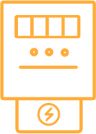 Orangefarbenes Stromzähler-Symbol mit vier rechteckigen Anzeigen und elektrischem Blitzsymbol unten.