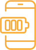 Symbol eines Smartphones mit einem vollständig geladenen Batteriesymbol in Orange.