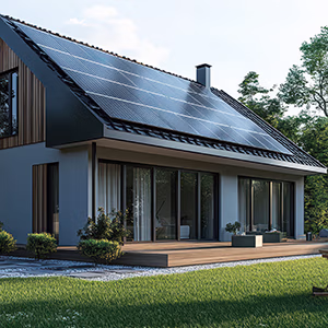 Modernes Haus mit Solarpaneelen auf dem Dach und einem leuchtenden Batteriesymbol mit Blitz an der Wand in der Abenddämmerung.