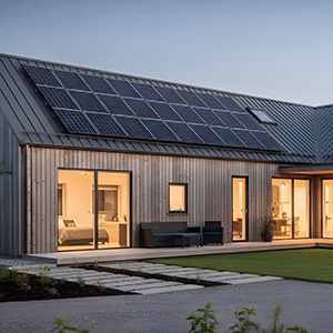 Modernes Haus mit Solarpaneelen auf dem Dach und einem leuchtenden Batteriesymbol mit Blitz an der Wand in der Abenddämmerung.