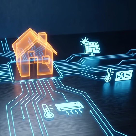 Modernes Haus mit Solarpaneelen auf dem Dach und einem leuchtenden Batteriesymbol mit Blitz an der Wand in der Abenddämmerung.