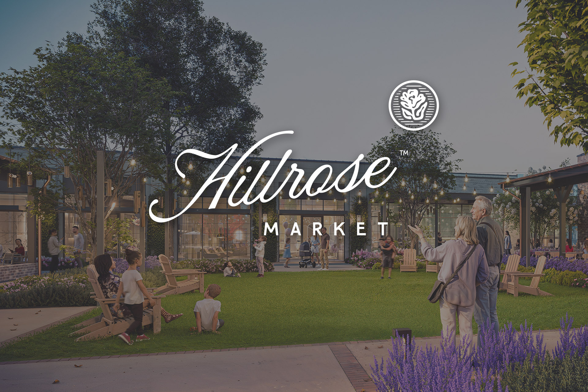 A rendering of a greenspace with a lawn, trees, lavender plantings and surrounding retail and restaurant spaces. A mom sits in an adirondack chair as her two children play. An older couple point to one of the buildings. A logomark for Hillrose Market in script font with a rosette stamp sits on top of the render.