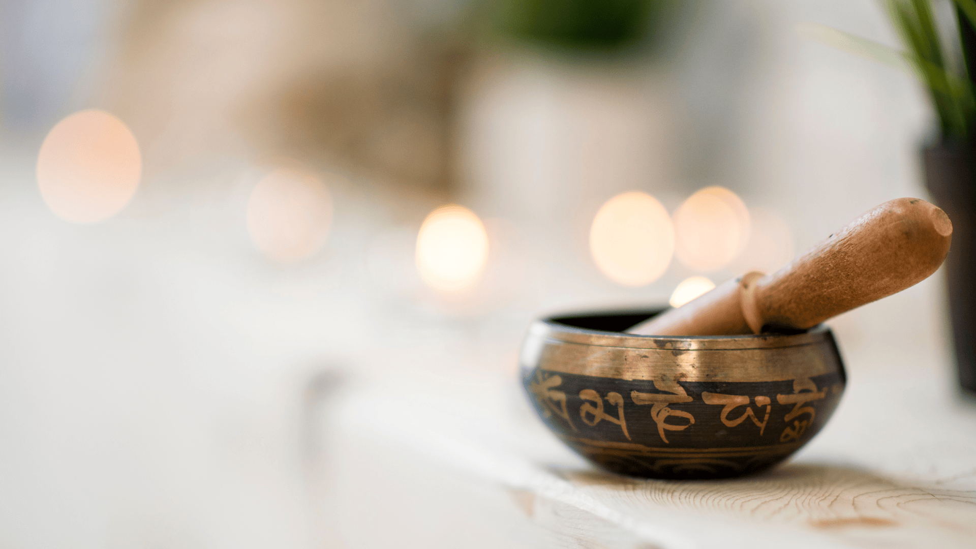 A tibetan singing bowl with a blurry background of plants and lights