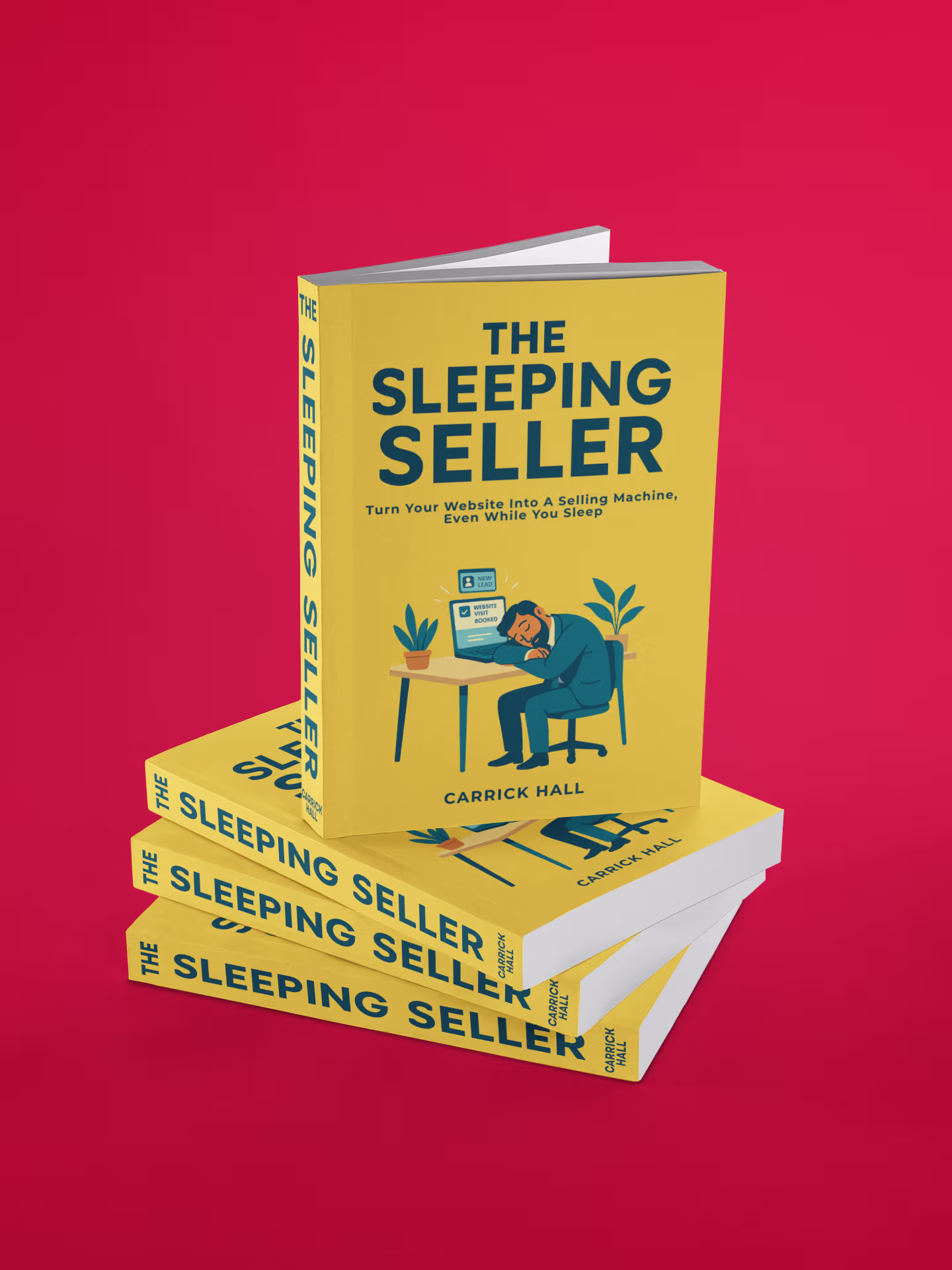 A pile of books labelled 'The Sleeping Seller' that contain the secrets to increasing website leads and sales