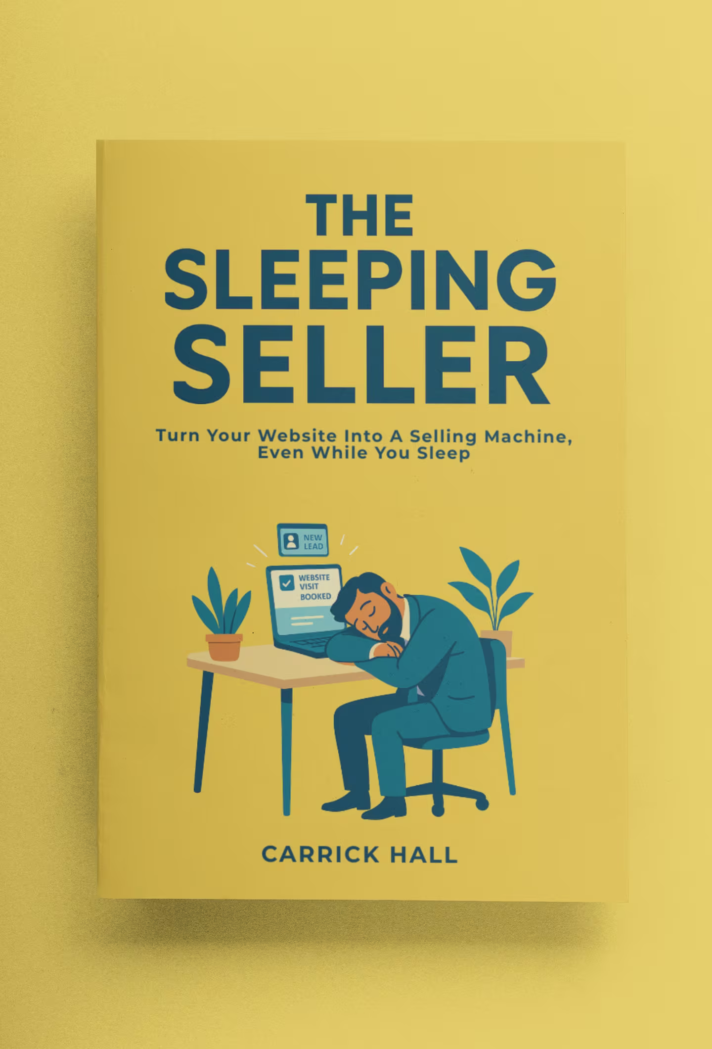 The Sleeping Seller book closed and lying on its back with a yellow background