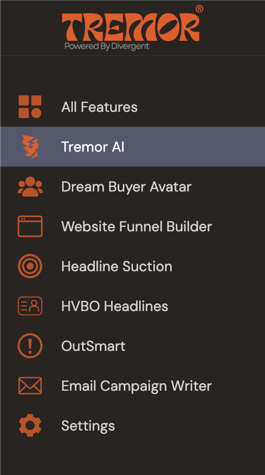 The menu used by Tremor AI 