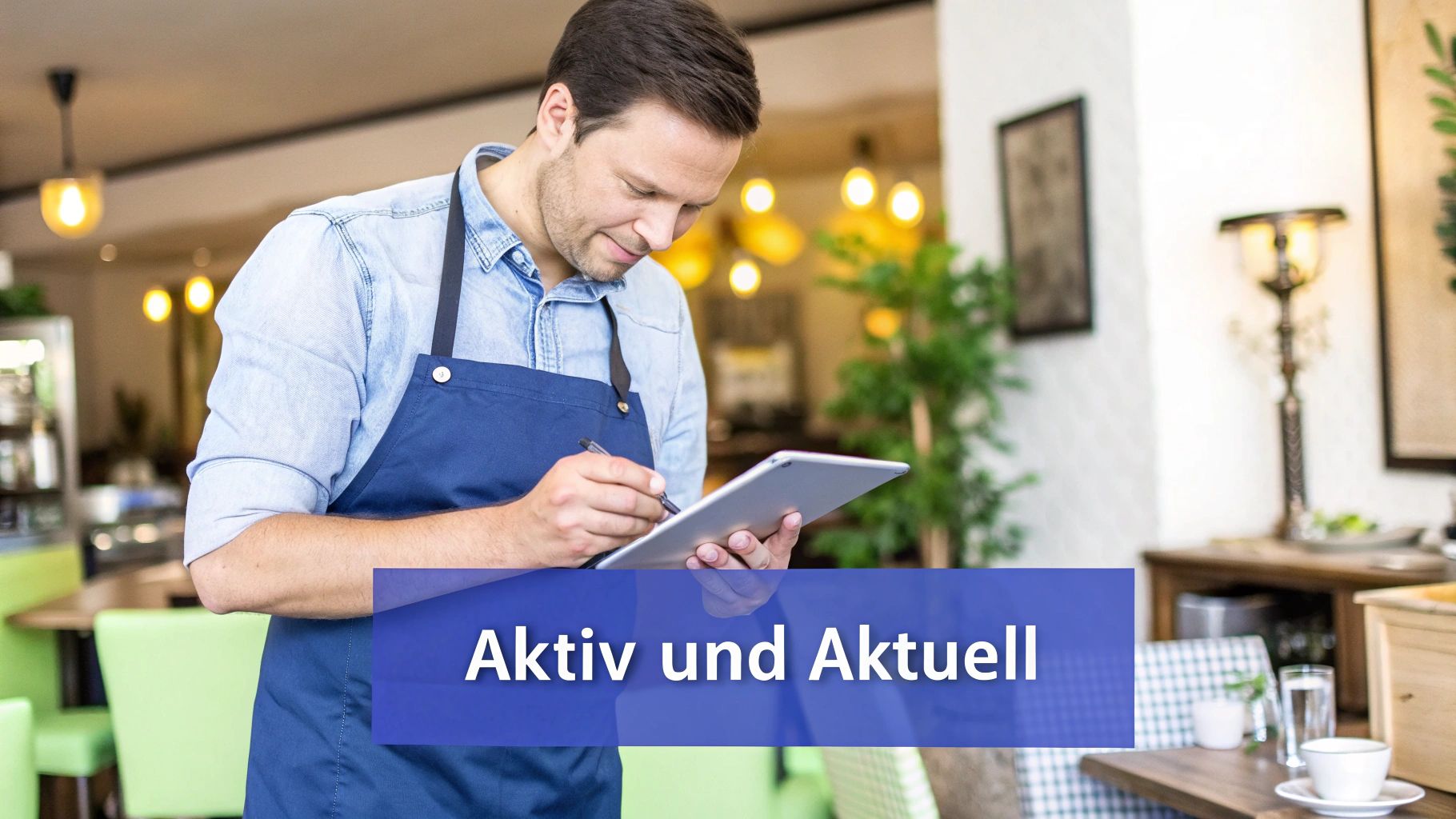 Ein Mann interagiert mit einem Tablet, auf dem ein Google Business Profile Dashboard zu sehen ist.