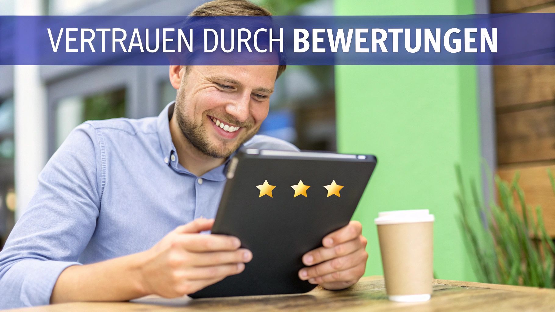 Ein Bild, das fünf leuchtend gelbe Sterne zeigt, die Kundenzufriedenheit symbolisieren, vor dem Hintergrund eines lokalen Geschäfts.