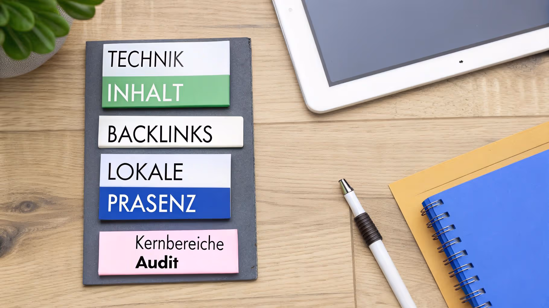 Eine Infografik, die die vier Kernbereiche eines SEO-Audits zeigt Technik, Inhalt, Backlinks und Lokale Präsenz