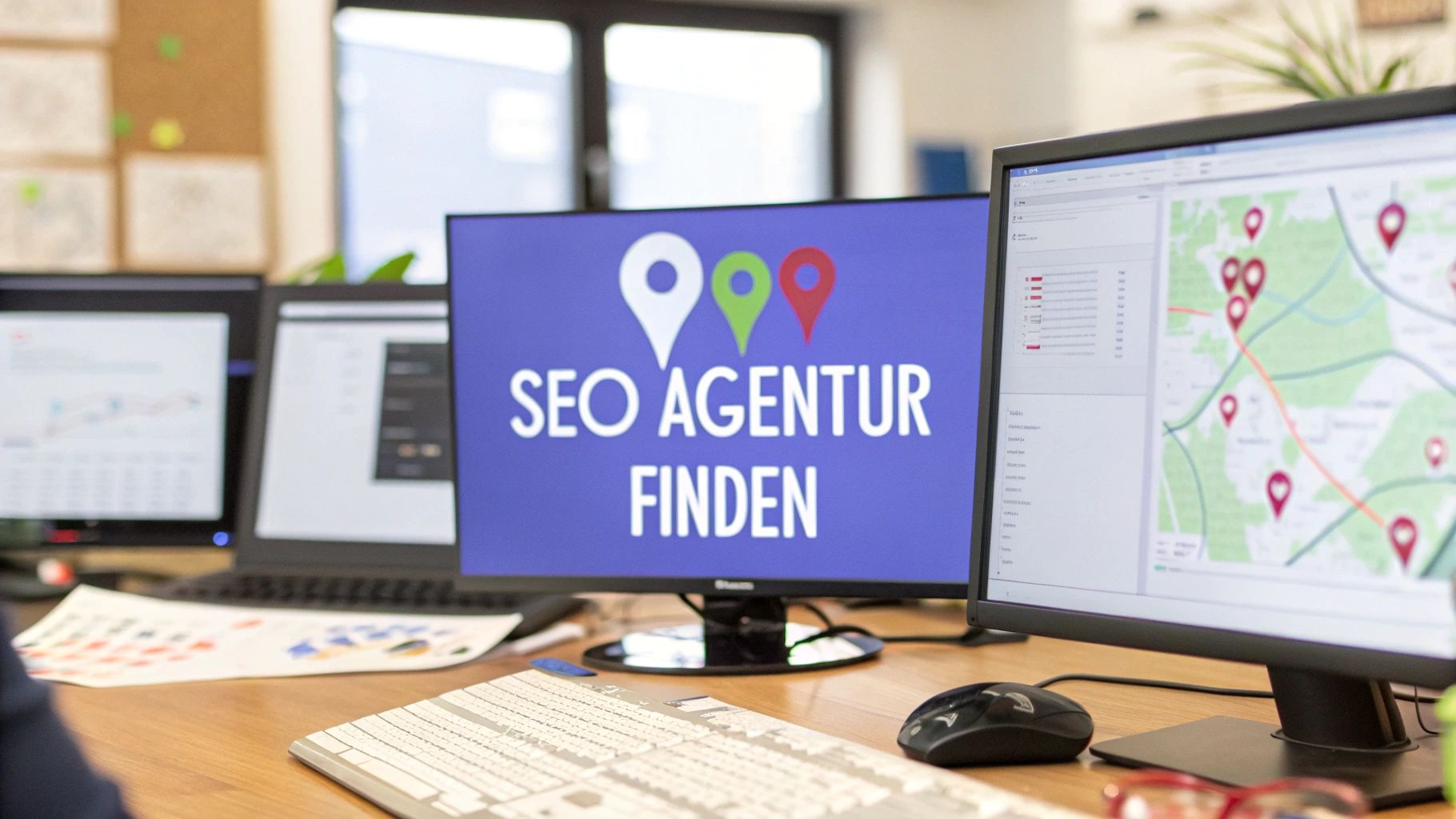 Computer Bildschirme mit dem Text "SEO Agenur finden".