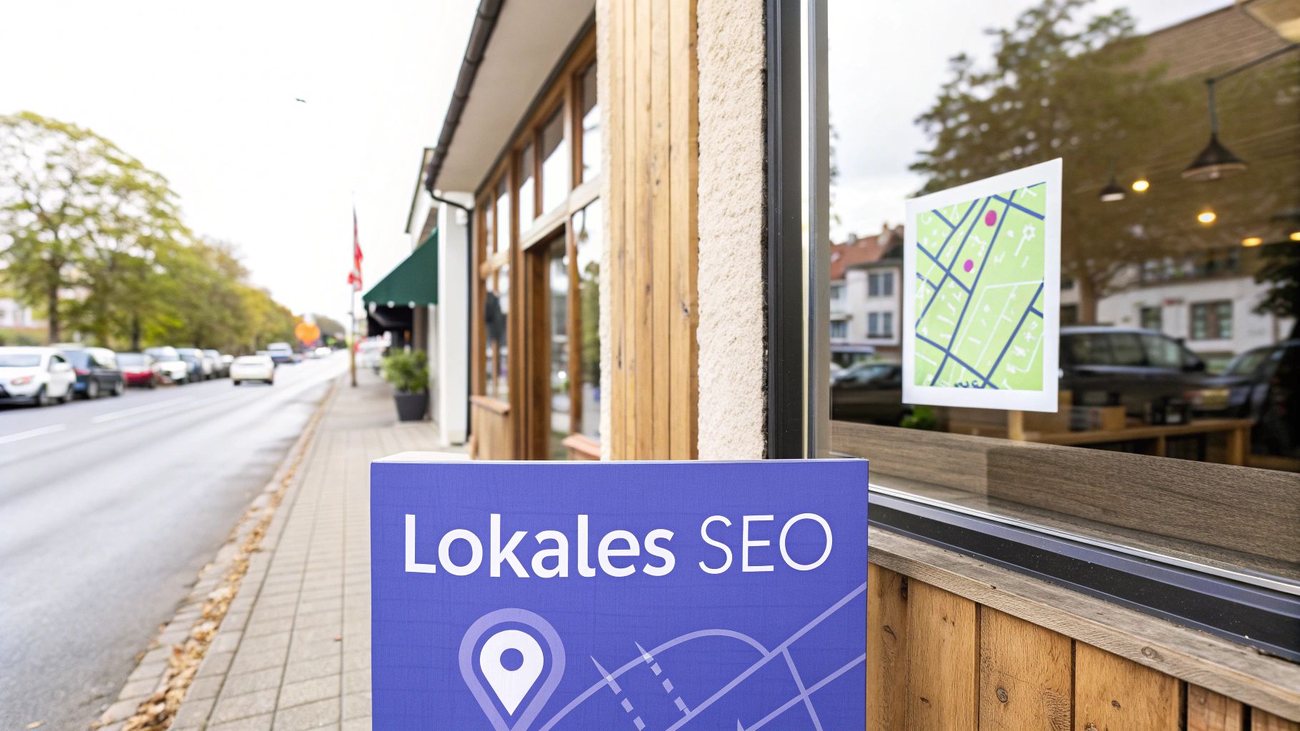 Eine Person sucht auf einem Smartphone nach lokalen Geschäften auf einer Karte.