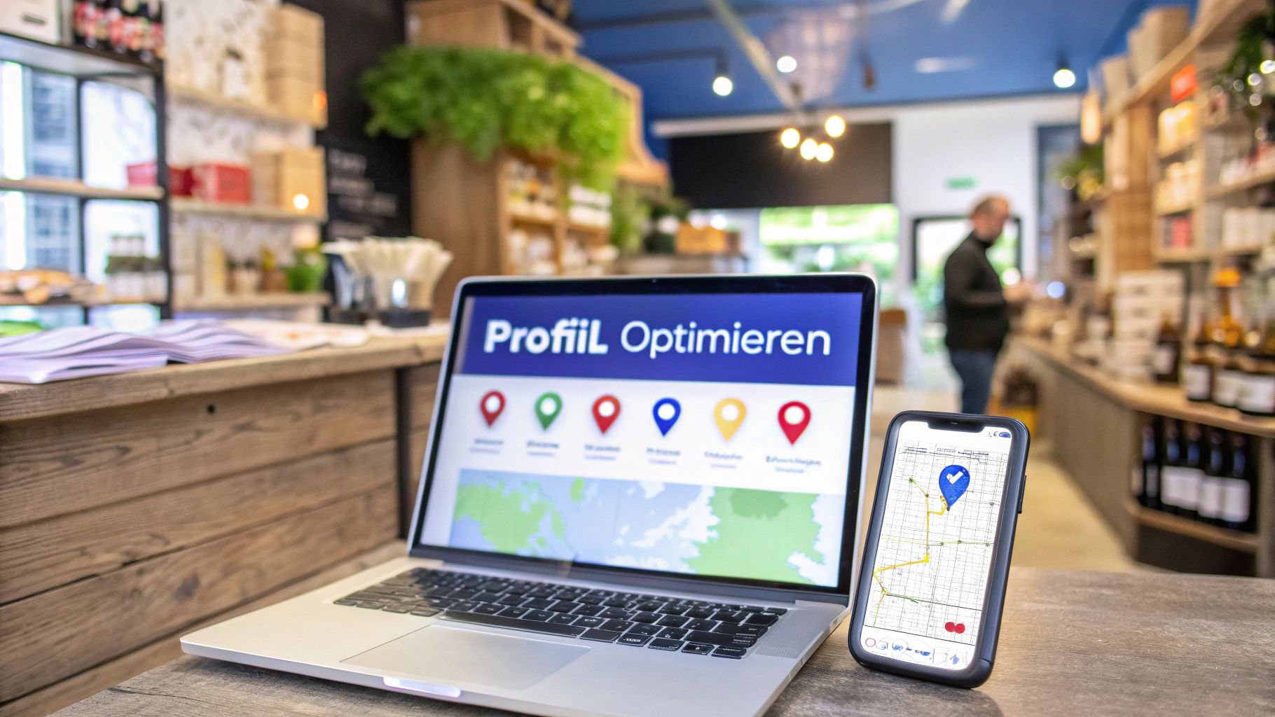 Titelbild mit Laptop und Hadnydrauf abgebildet. In den Geräten sieht man das Google-Unternehmensprofil.