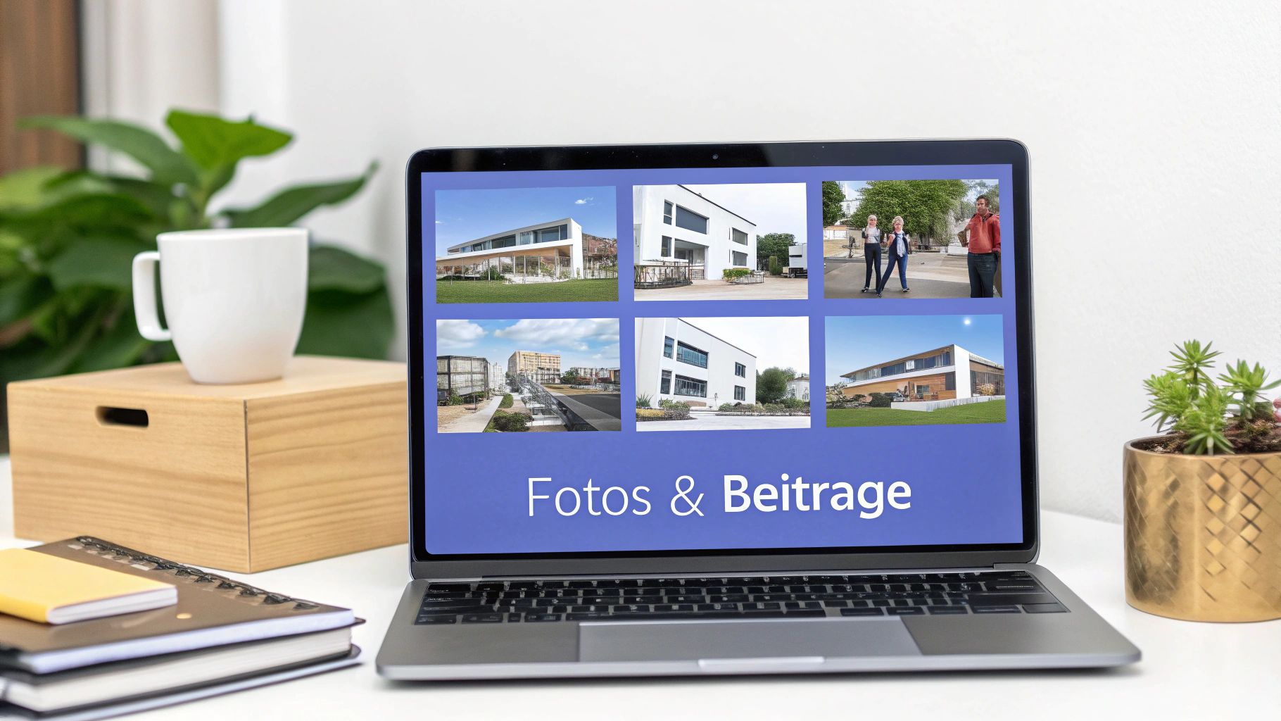 Eine Person lädt hochwertige Fotos von einem Laptop auf ein Google Unternehmensprofil hoch, um das Profil zu optimieren.