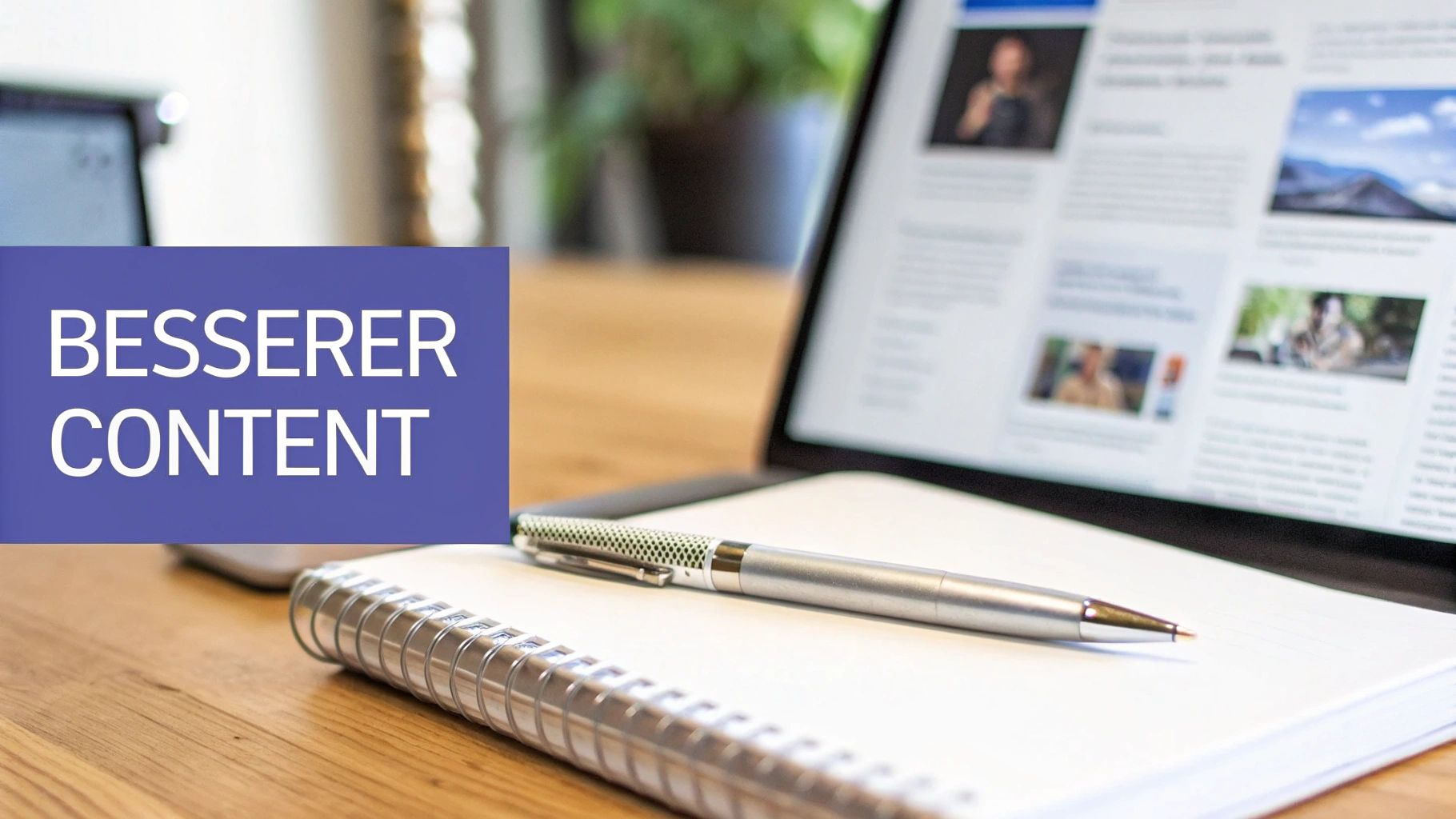 Eine Person schreibt an einem Laptop an hochwertigem Content, der auf einem Bildschirm als Blogbeitrag visualisiert wird.