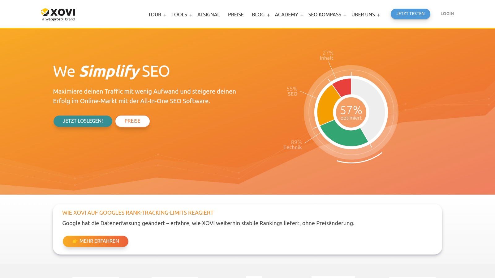 XOVI Suite Benutzeroberfläche zeigt das Dashboard mit verschiedenen SEO-Metriken