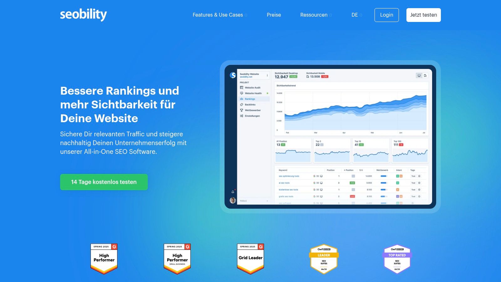 Die Seobility Benutzeroberfläche zeigt das Ranking-Monitoring für Keywords