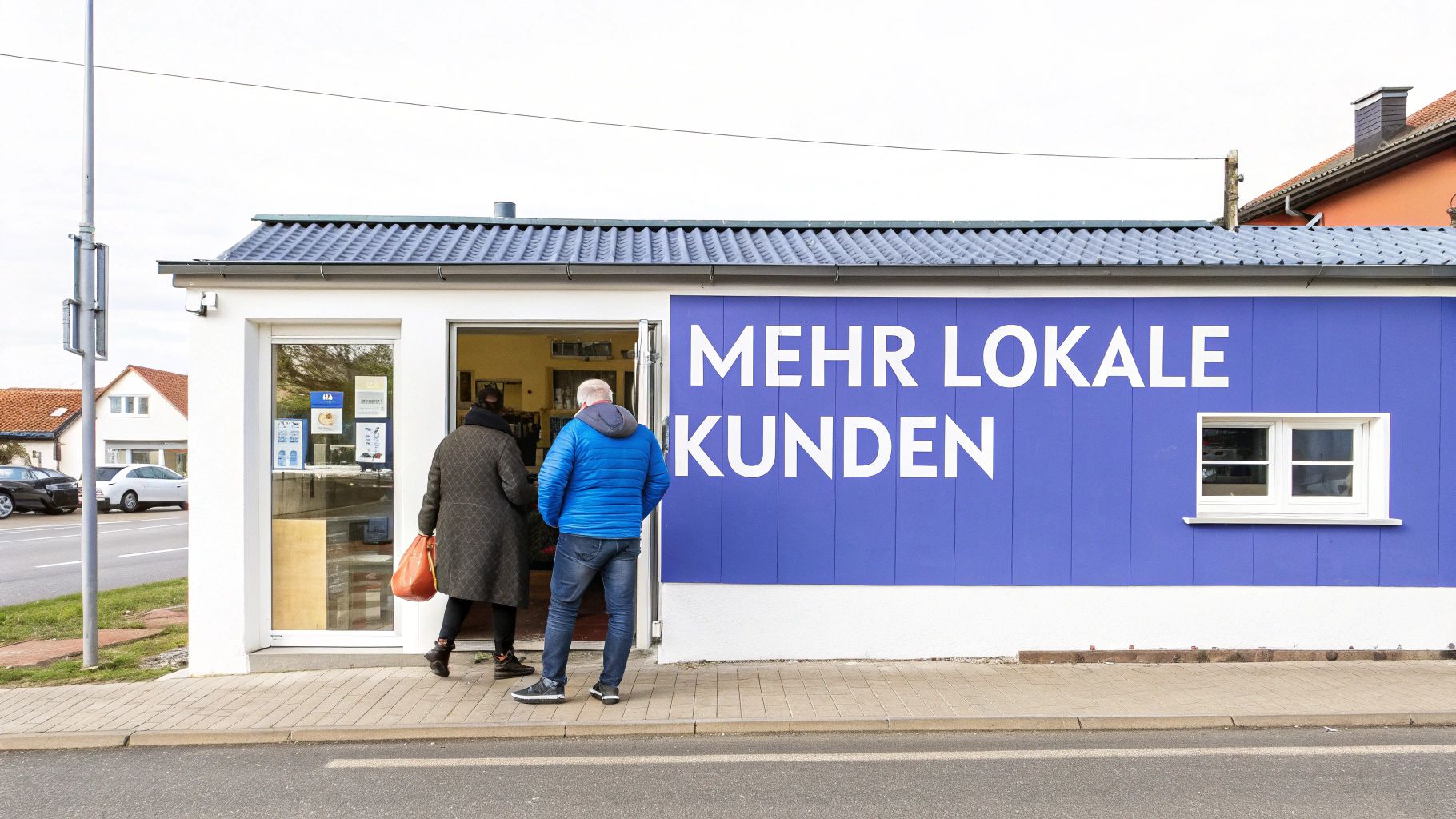 Eine Geschäftsfrau arbeitet an einem Laptop in einem Café und optimiert die lokale Sichtbarkeit ihres Unternehmens.