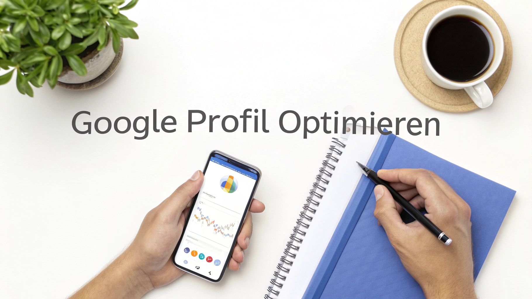 Ein modernes Café mit Kunden, die im Hintergrund an Tischen sitzen, und einer eingeblendeten Grafik des Google Unternehmensprofils.