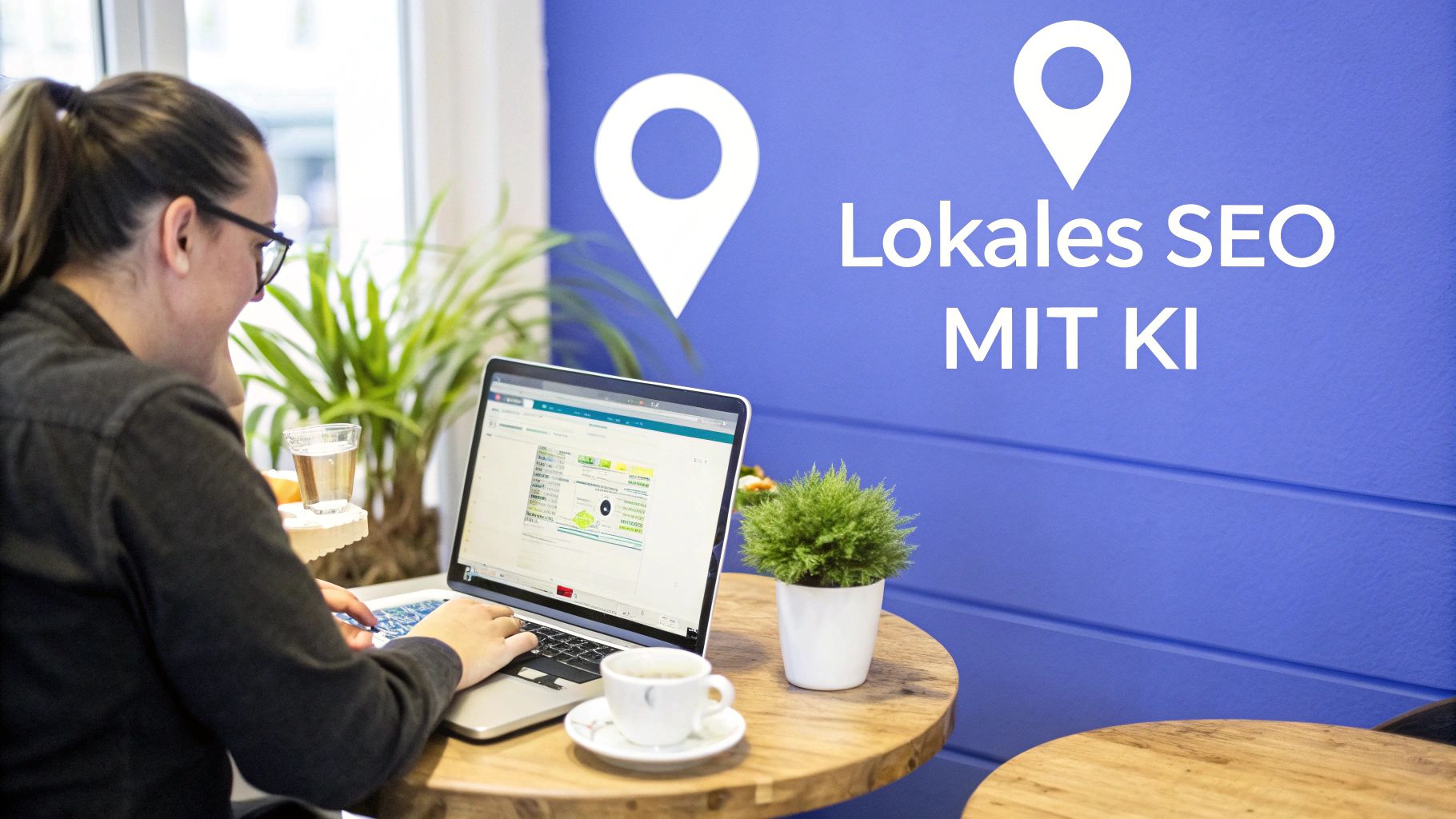 Eine Person, die am Laptop arbeitet, umgeben von Icons, die Daten, Rankings und Analysen symbolisieren.