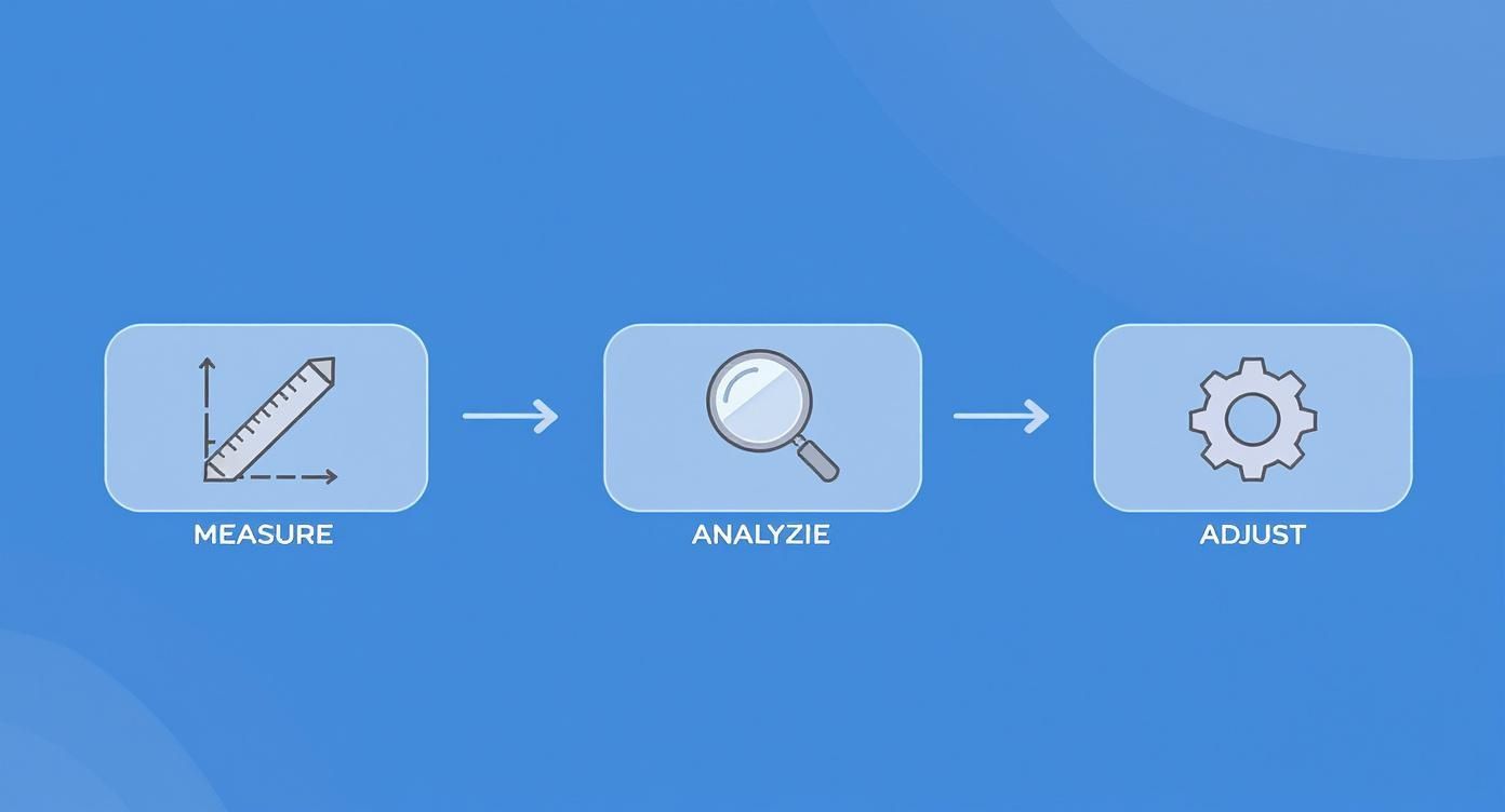 Infografik, die den Prozess der KI-SEO-Analyse mit den Schritten Messen, Analysieren und Anpassen darstellt.
