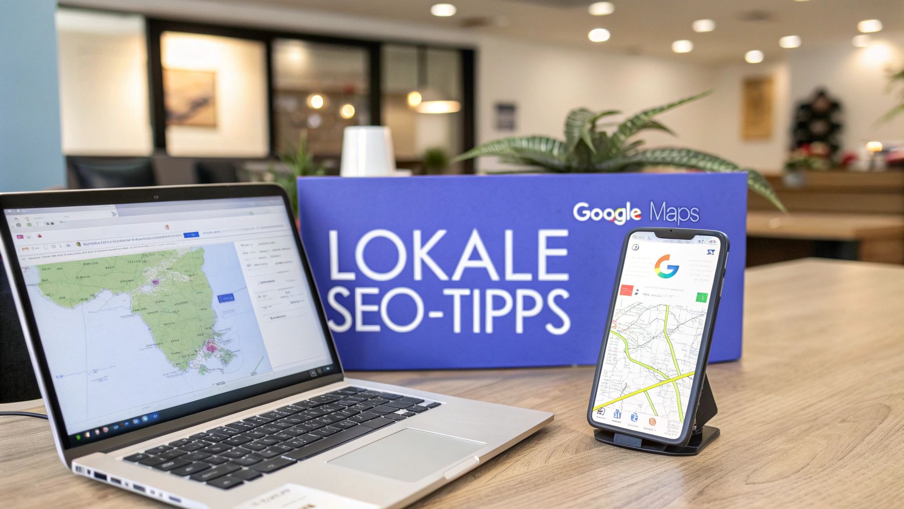 Titelbild mit Laptop und Handy, in beiden ist eine Karte zu sehen und im Hintergrund steht "Lokale SEO Tipps"