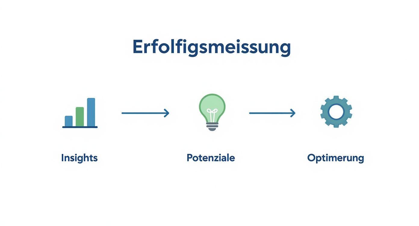 Infografik, die den Prozess von Analyse (Insights) über Identifikation (Potenziale) bis zur Umsetzung (Optimierung) darstellt, um die Google Platzierung zu verbessern.