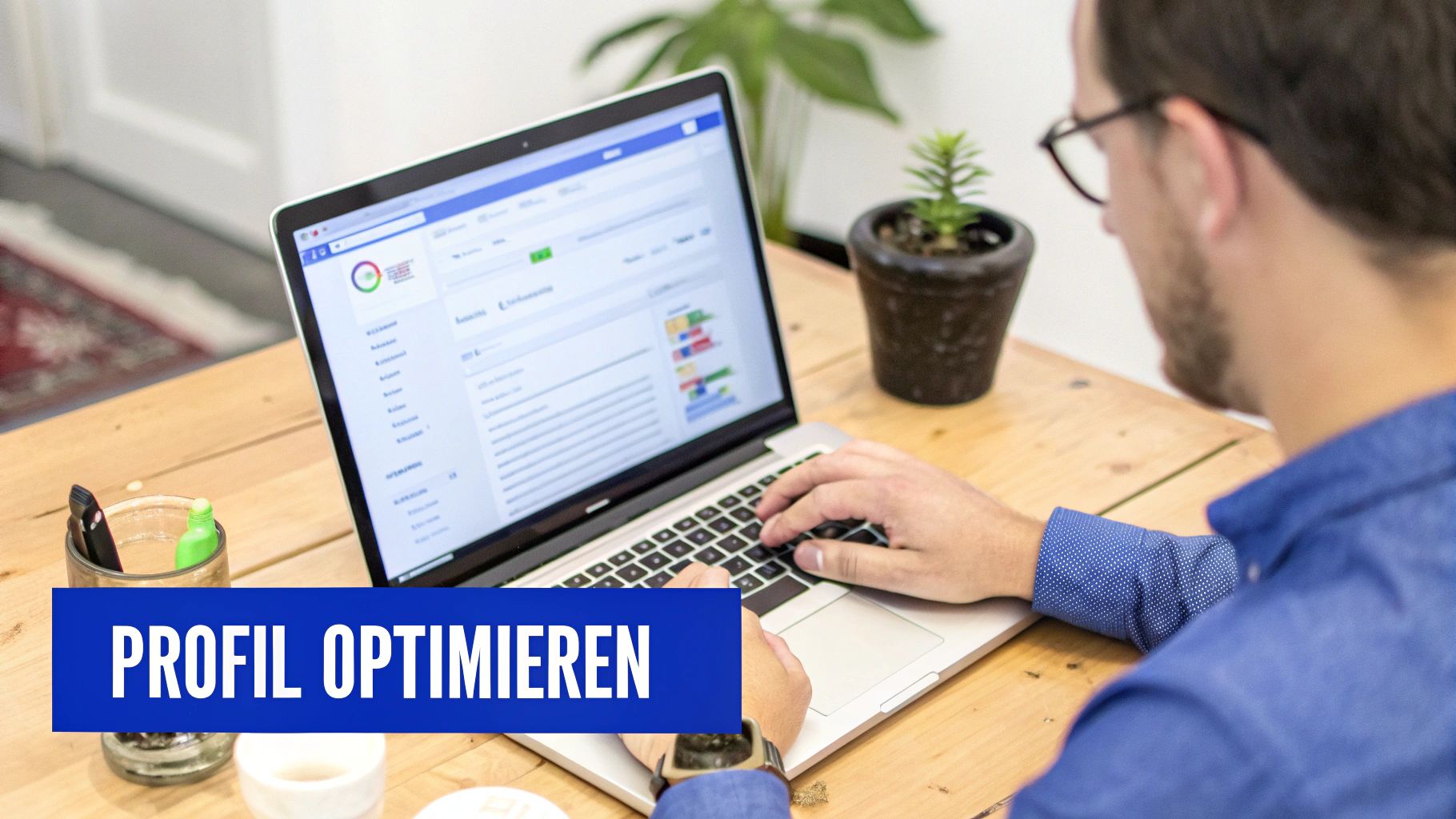 Ein lokaler Ladenbesitzer, der an einem Laptop arbeitet und sein Google Unternehmensprofil optimiert, um die Platzierung zu verbessern.
