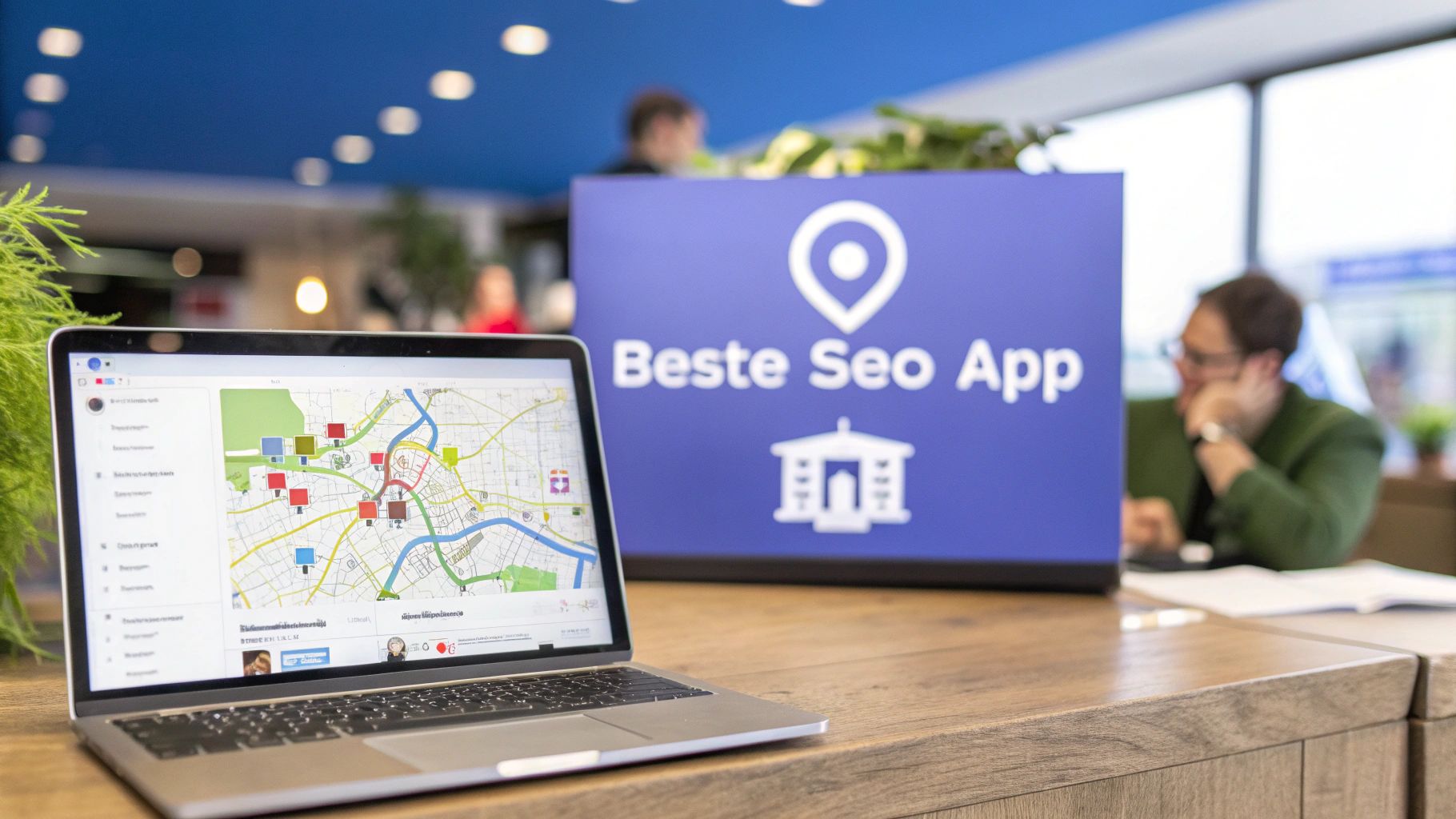 Ein Laptop zeigt eine digitale Stadtkarte mit farbigen Markierungen. Daneben steht ein blaues Schild mit der Aufschrift ‘Beste Seo App’. Im Hintergrund sitzt eine Person unscharf an einem Tisch.