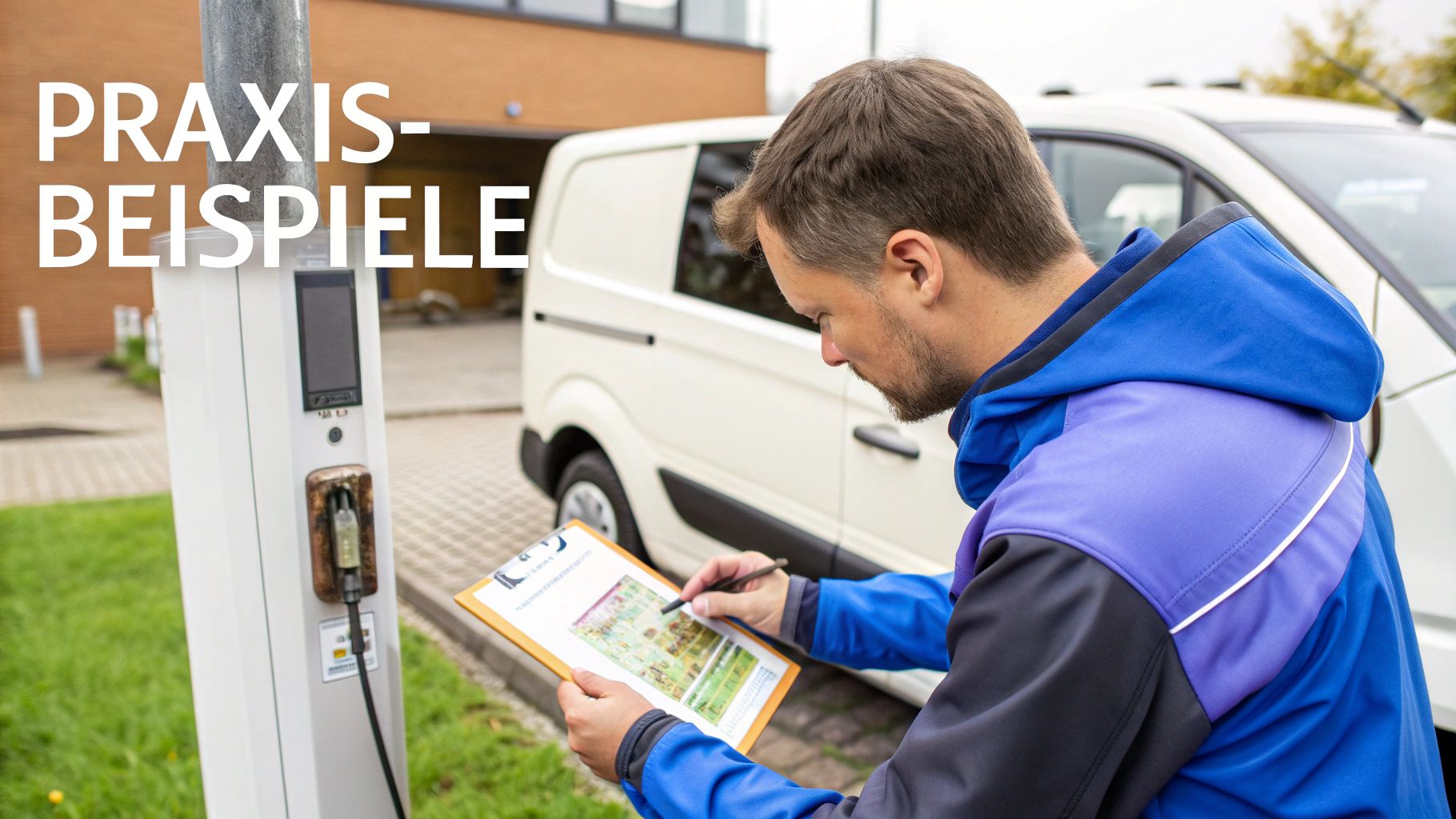 Elektriker in blauer Arbeitskleidung inspiziert Ladestation für Elektrofahrzeuge mit Checkliste und Klemmbrett