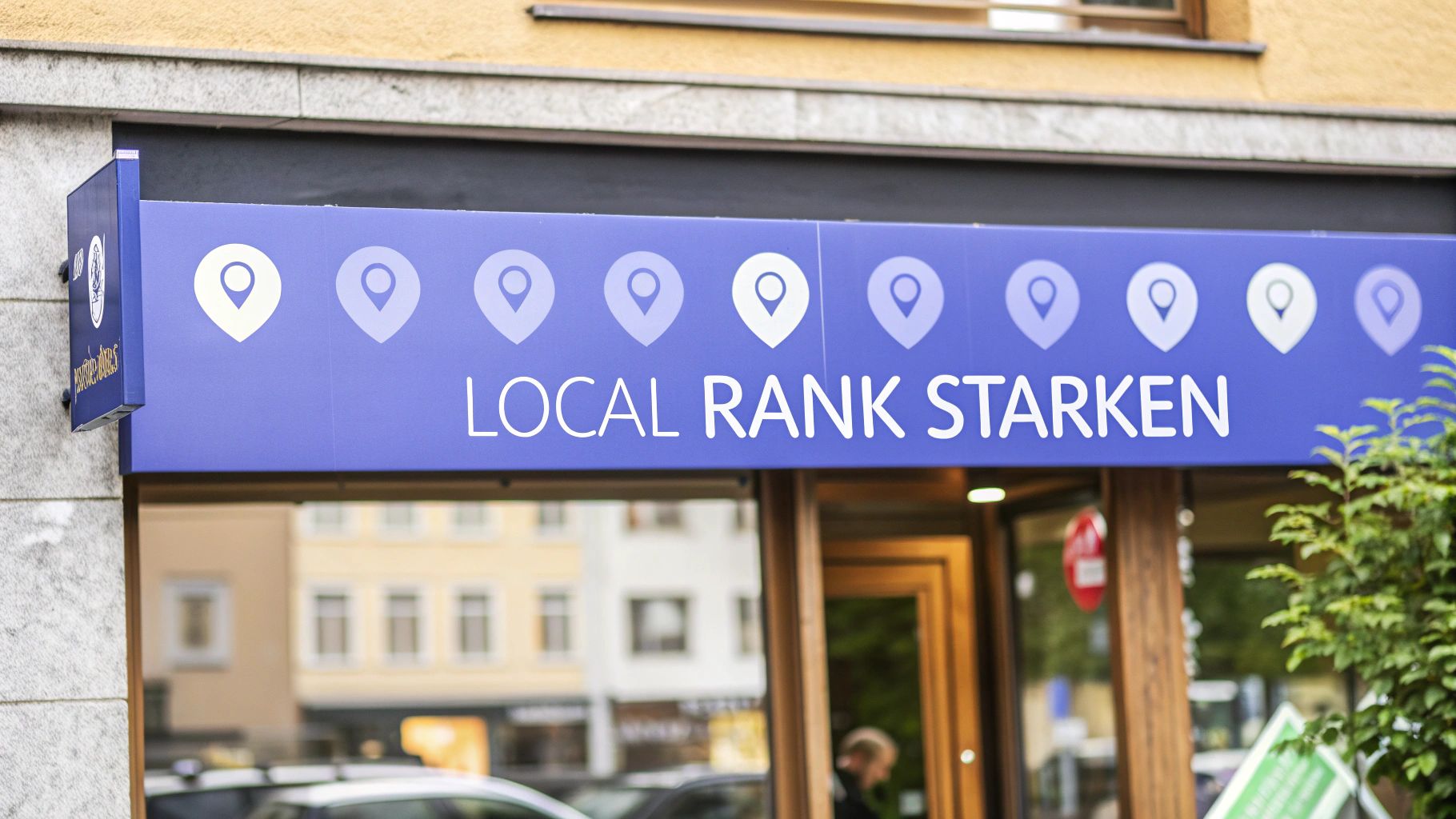 Ein Ladenschild mit blauem Hintergrund, mehreren Standort-pins und der Aufschrift „local rank stärken“ über einer Glastür.