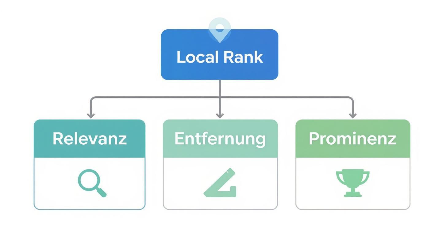 Infografik zeigt Local Rank Faktoren: Relevanz, Entfernung und Prominenz für lokale Suchmaschinenoptimierung
