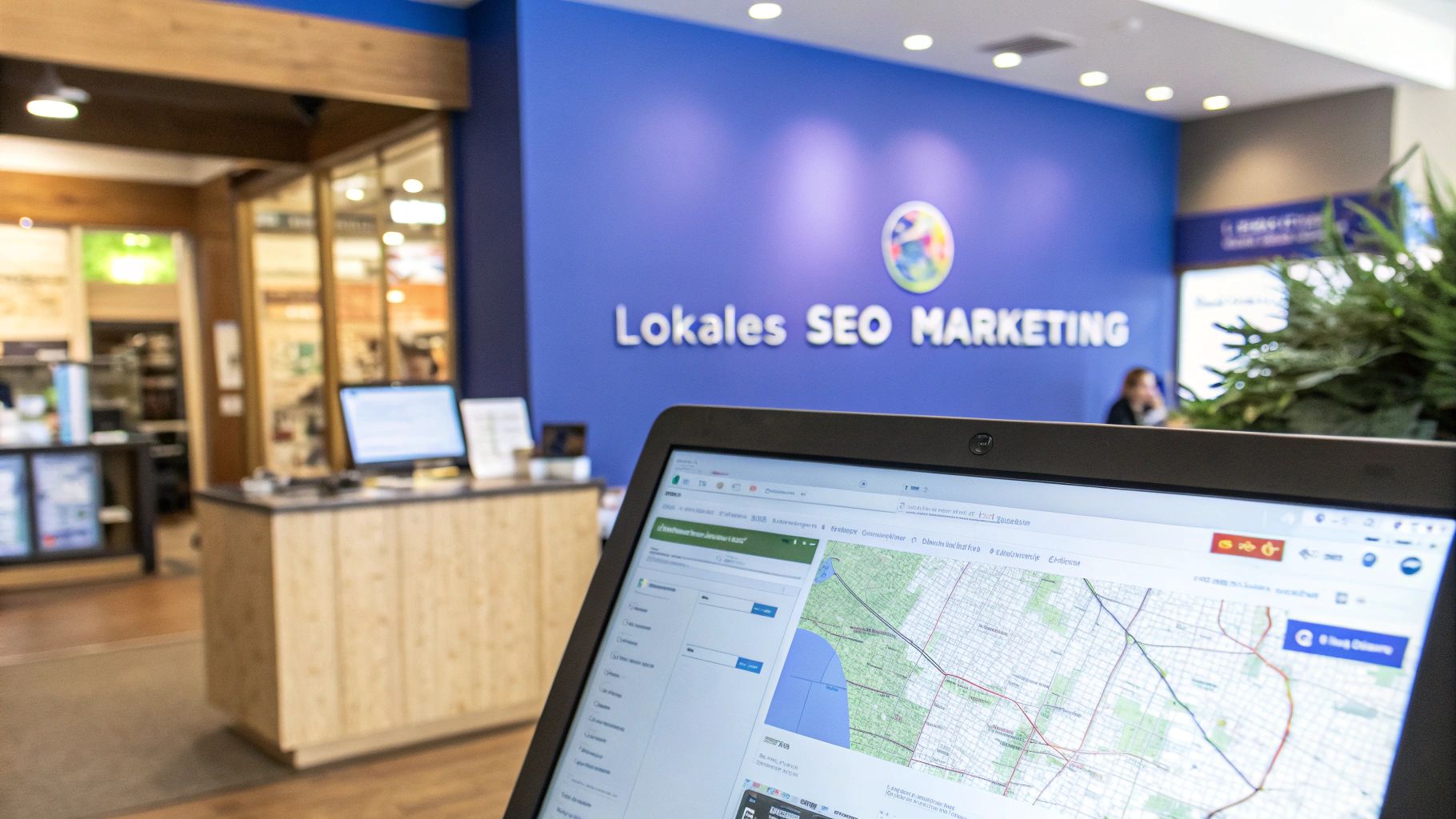 Ein Laptop zeigt eine digitale Karte. Im Hintergrund steht eine blaue Wand mit der Aufschrift ‘Lokales SEO Marketing’ in einem Büro- oder Ladenbereich.