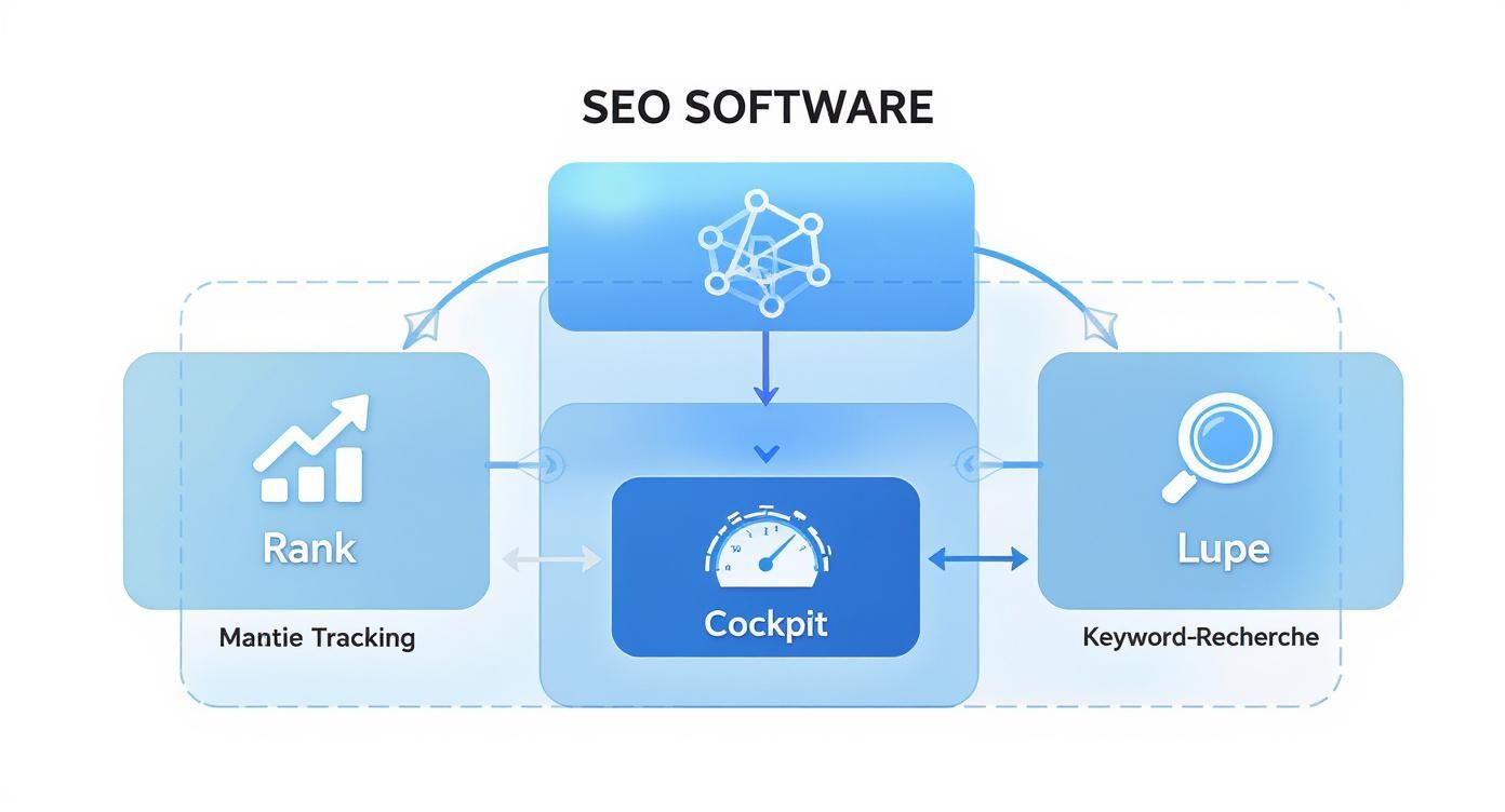Diagramm der SEO-Software-Architektur mit Modulen für Rank Tracking, Cockpit und Keyword-Recherche.